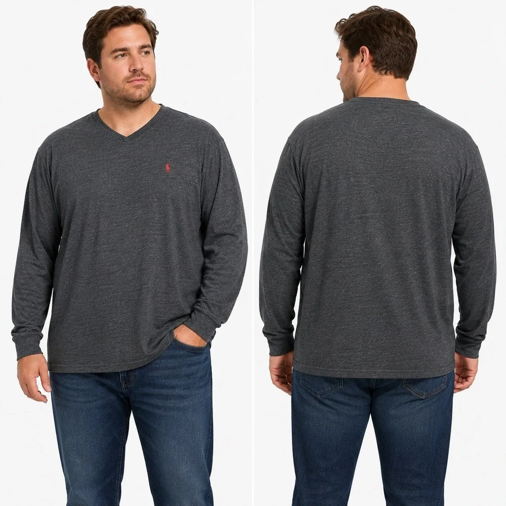 Polo Ralph Lauren Men's Long Sleeve V-Neck T-Shirt Charcoal Gray XL Preppy Logo